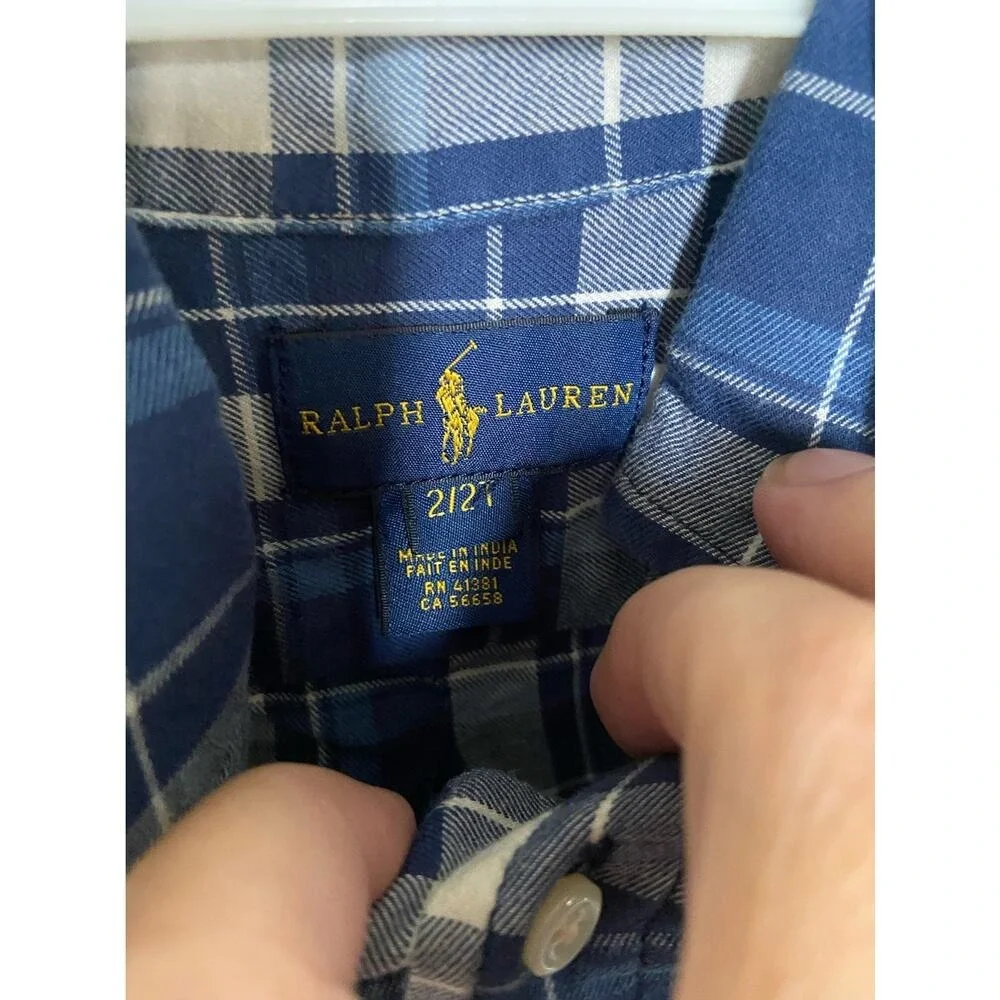Ralph Lauren Boys Shirt Size 2‎ 2T Long Sleeve Button Down Navy Blue Plaid Dress